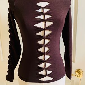Laser Cut Slashed Corset Ties Long Sleeve Top